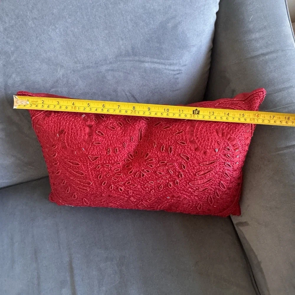 Pier 1 Imports ~ Red Beaded Throw Pillow ~ Rectangular ~ Shiny ~ Lumbar 16